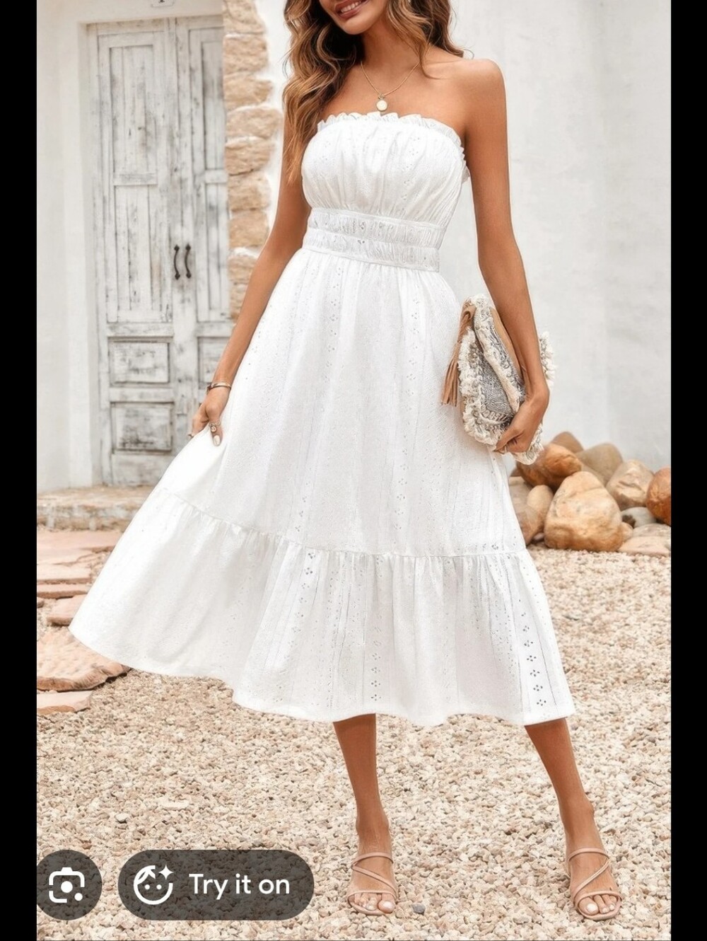 Japna White Strapless Eyelet Midi Dress